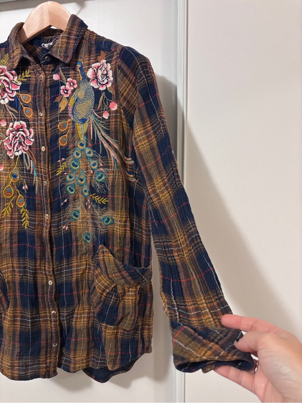 Johnny Was Quito Painters Smock Size Small Tunic Plaid Floral Peacock Gauze Soft - Picture 4 of 11